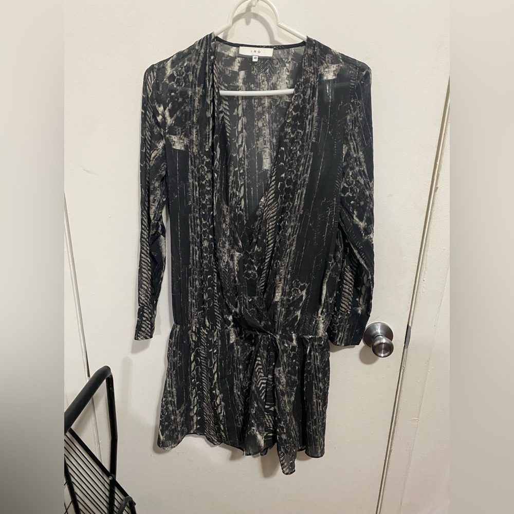 IRO Black Patterned Long-Sleeve Silk V-Neck Mini Dress